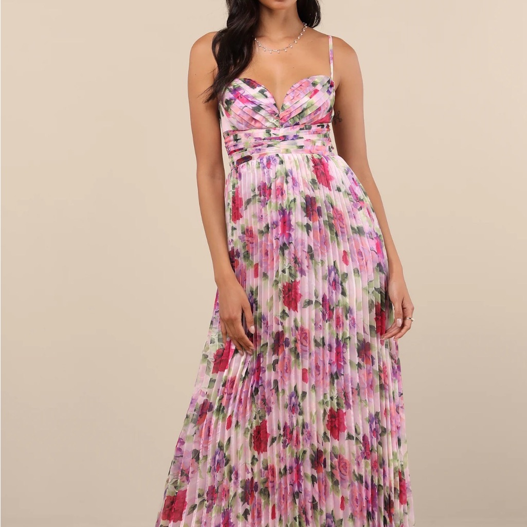 Lulu's Pink & Green Floral Sweetheart Maxi Dress